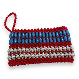 Red White Blue Silver Beaded Wristlet Clutch